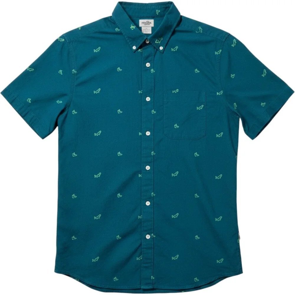 The North Face Men's Bluish Green Fish Short Sleeve Button Down Shirt Large